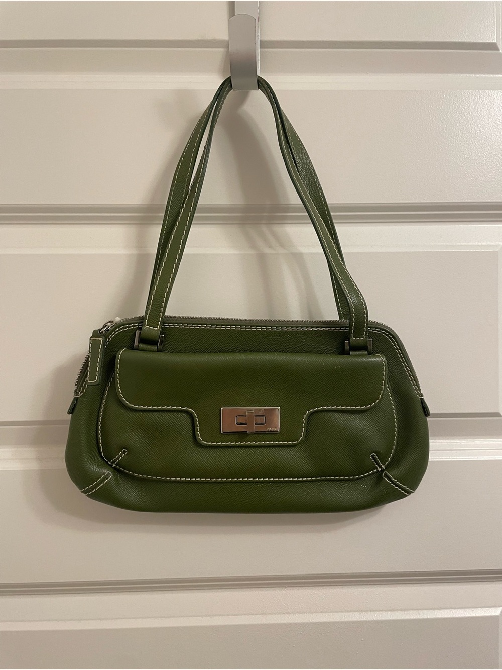 Rafe Olive Green Leather Mini Shoulder Bag with White Contrast Stitching